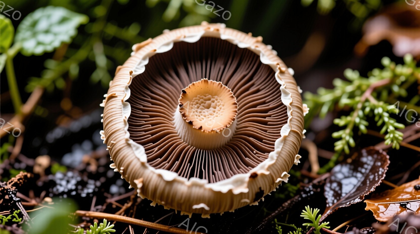 湿った落ち葉と緑の植物に囲まれたキノコのクローズアップ写真です。茶色とクリーム色の傘は、放射状の襞が特徴的で、中央部はわずかに盛り上がっています。全体的に、静かで落ち着いた、自然の美しさを捉えた雰囲気 - AI生成フリー素材