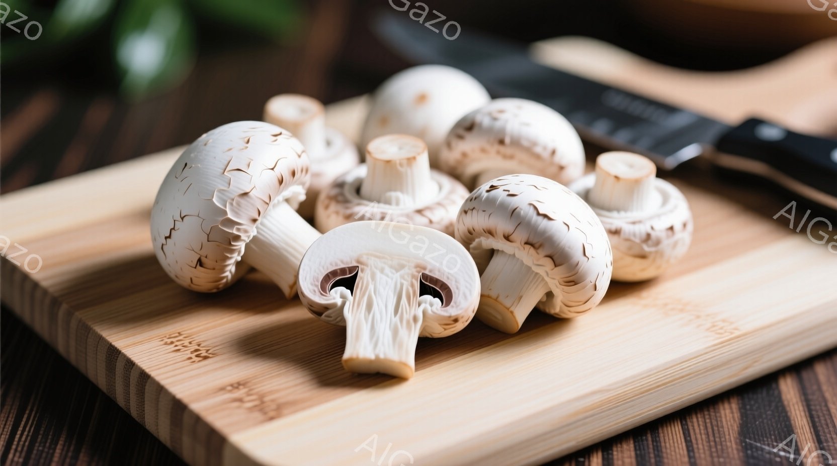 茶色い木製のまな板の上に、スライスされたマッシュルームが数個並んでいます。一部のマッシュルームは半分にカットされており、内部の紫色がかった構造がよく見えます。背景は暗い木目調で、まな板とマッシュルームが際立っています。