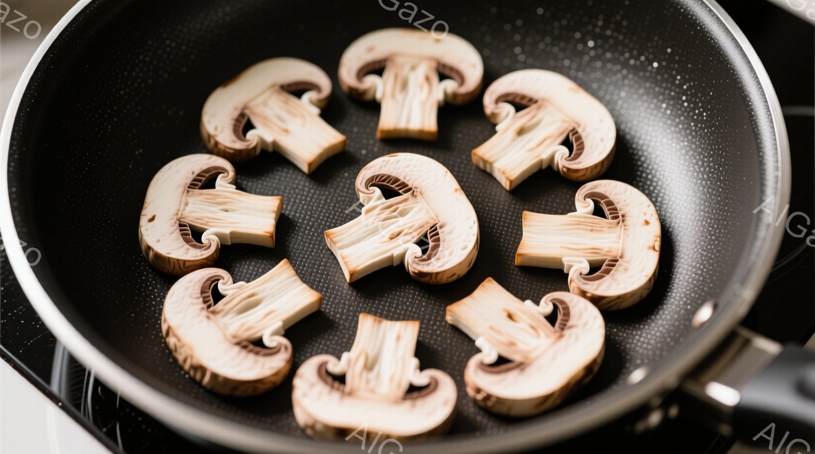 スライスされたマッシュルームがフライパンの中に円形に並べられています。フライパンは黒色で、テフロン加工されているようです。背景は少しぼやけており、調理台の一部が見えますが、全体的にシンプルで料理に焦点 - AI生成フリー素材
