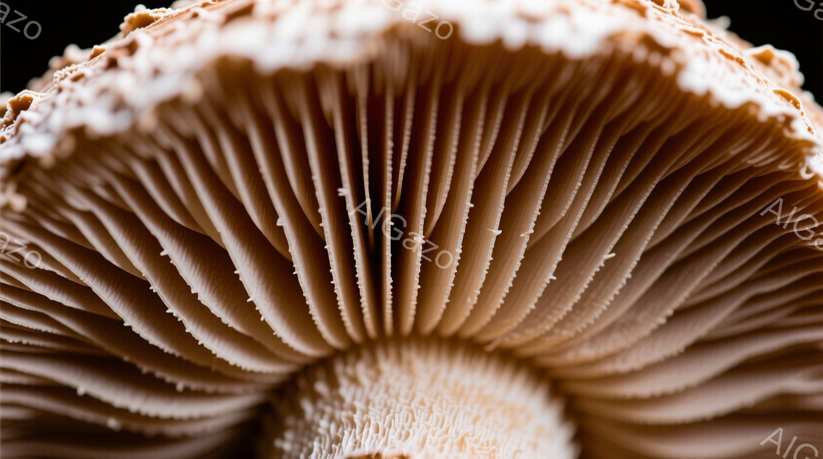 鮮やかな色彩のキノコの傘の部分がクローズアップで描かれている。 放射状に並んだ襞が繊細で、その質感と構造が強調されている。 背景は暗く、キノコの傘が際立っているため、自然の美しさと生命力を感じさせる。 - AI生成フリー素材