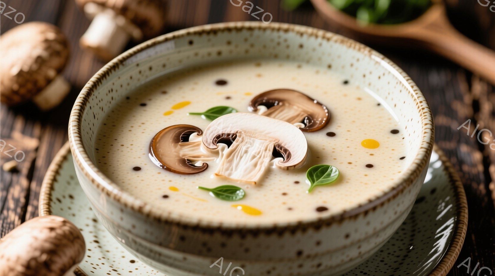 黒いフライパンの中で、モレル茸がバターと一緒に調理されています。茸は独特のハニカム状の形状をしており、バターの溶け具合から熱い状態であることがわかります。背景にはガスコンロが見え、全体的に食欲をそそる - AI生成フリー素材