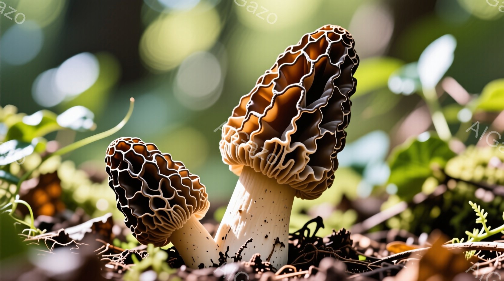 湿った土の上に、二つのモレル茸が並んで生えている。茸はクリーム色の茎を持ち、深い茶色とベージュの色合いが複雑に入り組んだ、蜂の巣のような笠を持つ。背景には緑の葉や枯れた植物がぼやけて見え、湿った森の床 - AI生成フリー素材