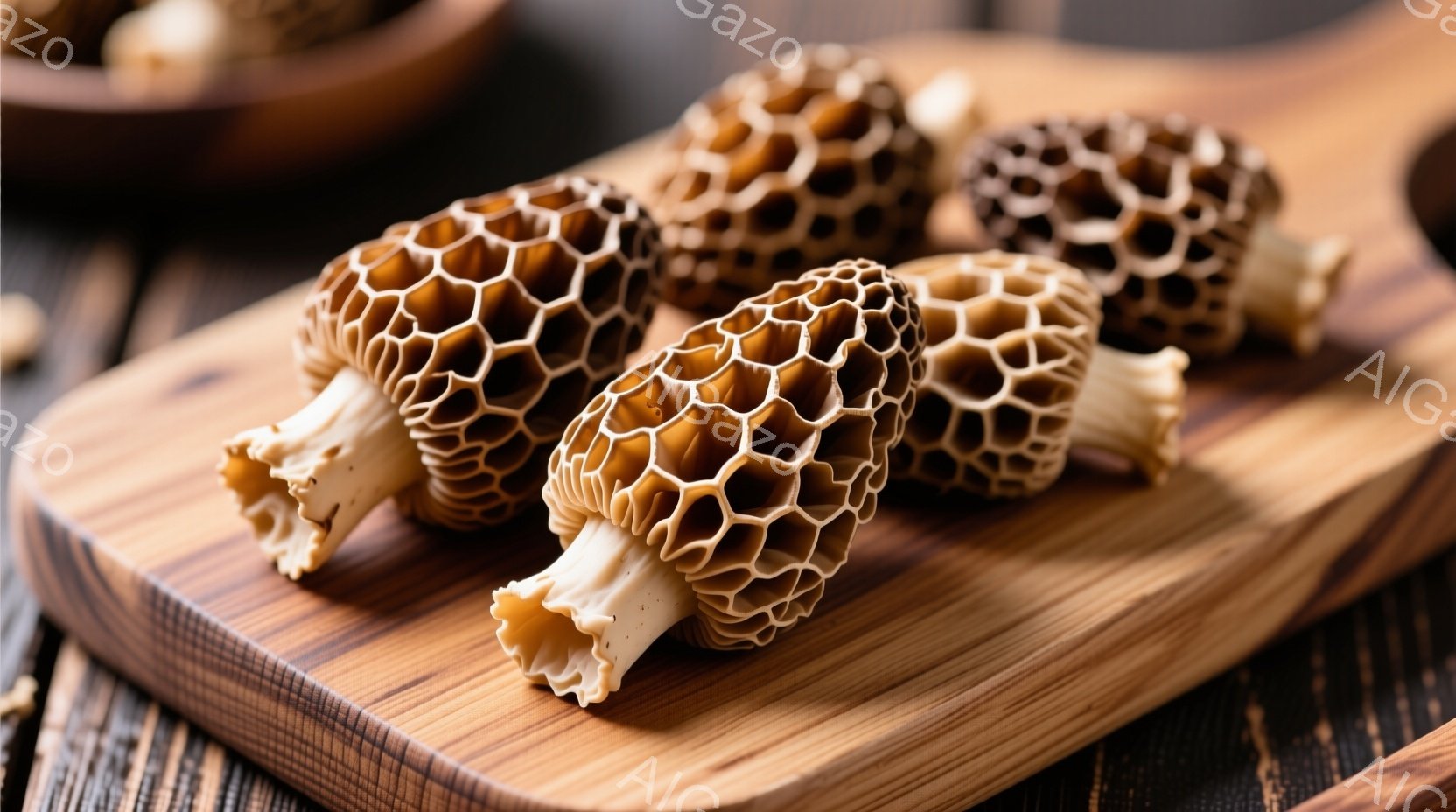 切り株のような木製のプレートの上に置かれたモレル茸がいくつか写っています。 茸は蜂蜜色から濃い茶色の複雑なハニカム模様で覆われており、下部は白っぽい茎になっています。 背景にはぼやけた木製の表面が見え、全体的に暖かく、素朴な雰囲気です。
