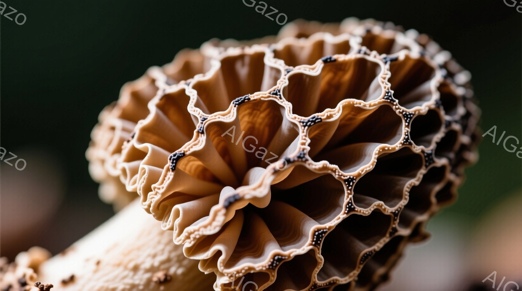 鮮やかな茶色のフリルが幾重にも重なったドレスの一部がクローズアップで写っている。フリルの縁には小さなビーズのような装飾が施され、繊細さと華やかさを演出している。背景は暗くぼやけており、ドレスのディテールが際立つように工夫されている。