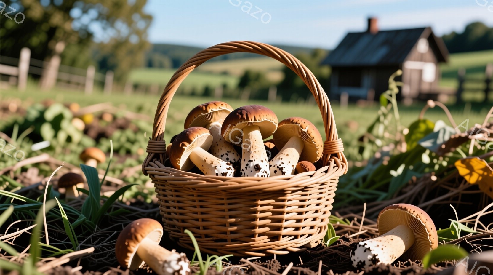 籠の中に、茶色と白のまだらの柄を持つキノコがたくさん入っている。周りには、同じキノコが地面に散らばっており、緑の草や枯れ葉と混ざり合っている。背景には、緑の丘と、屋根が黒く、素朴な雰囲気の木造の家が見 - AI生成フリー素材
