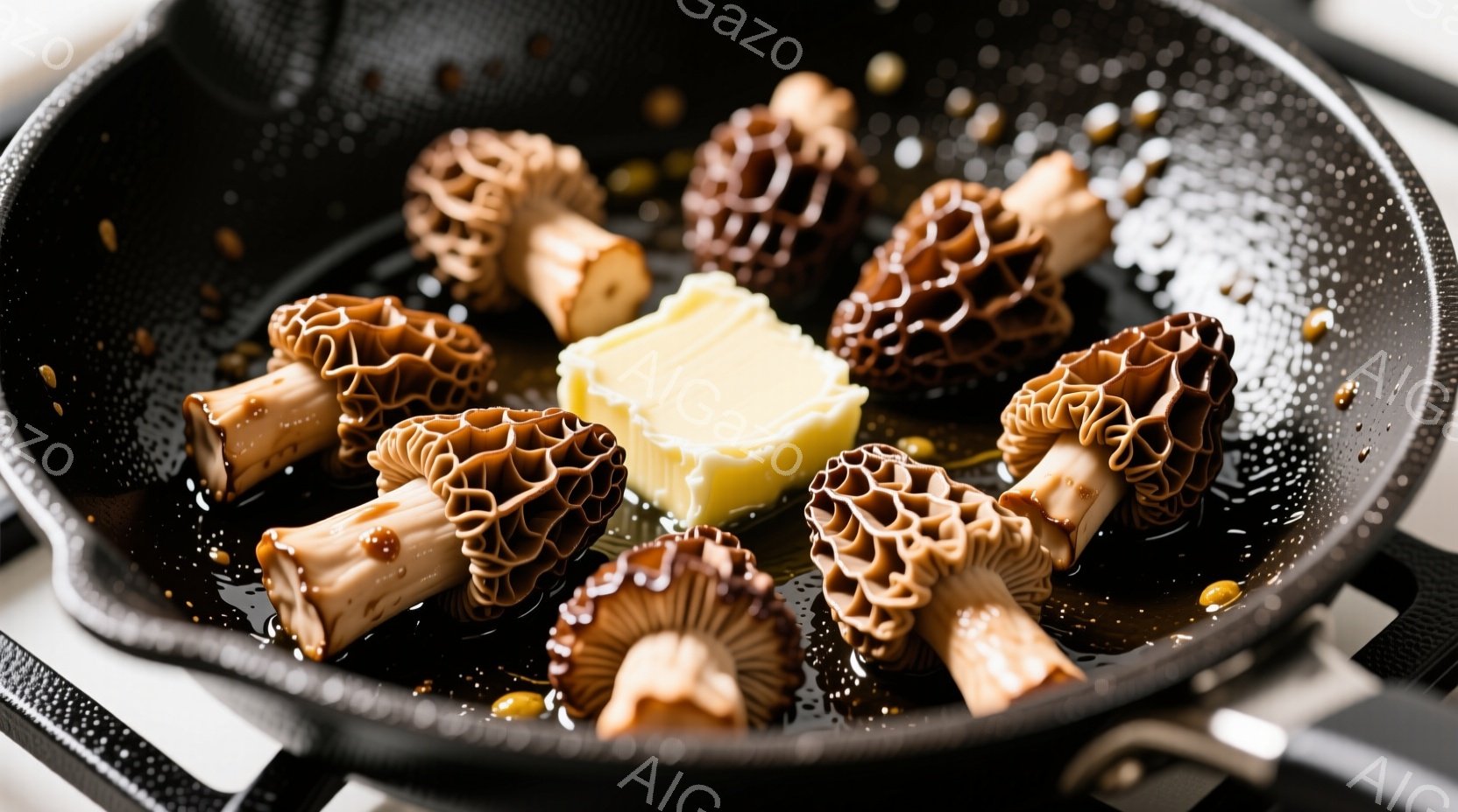 黒いフライパンの中に、キノコの一種であるモレルがバターと共に調理されている様子が写っている。モレルは独特の蜂の巣のような形状をしており、バターの溶け出した油の中で照りを出している。背景はぼかされており、調理に集中した構図となっている。