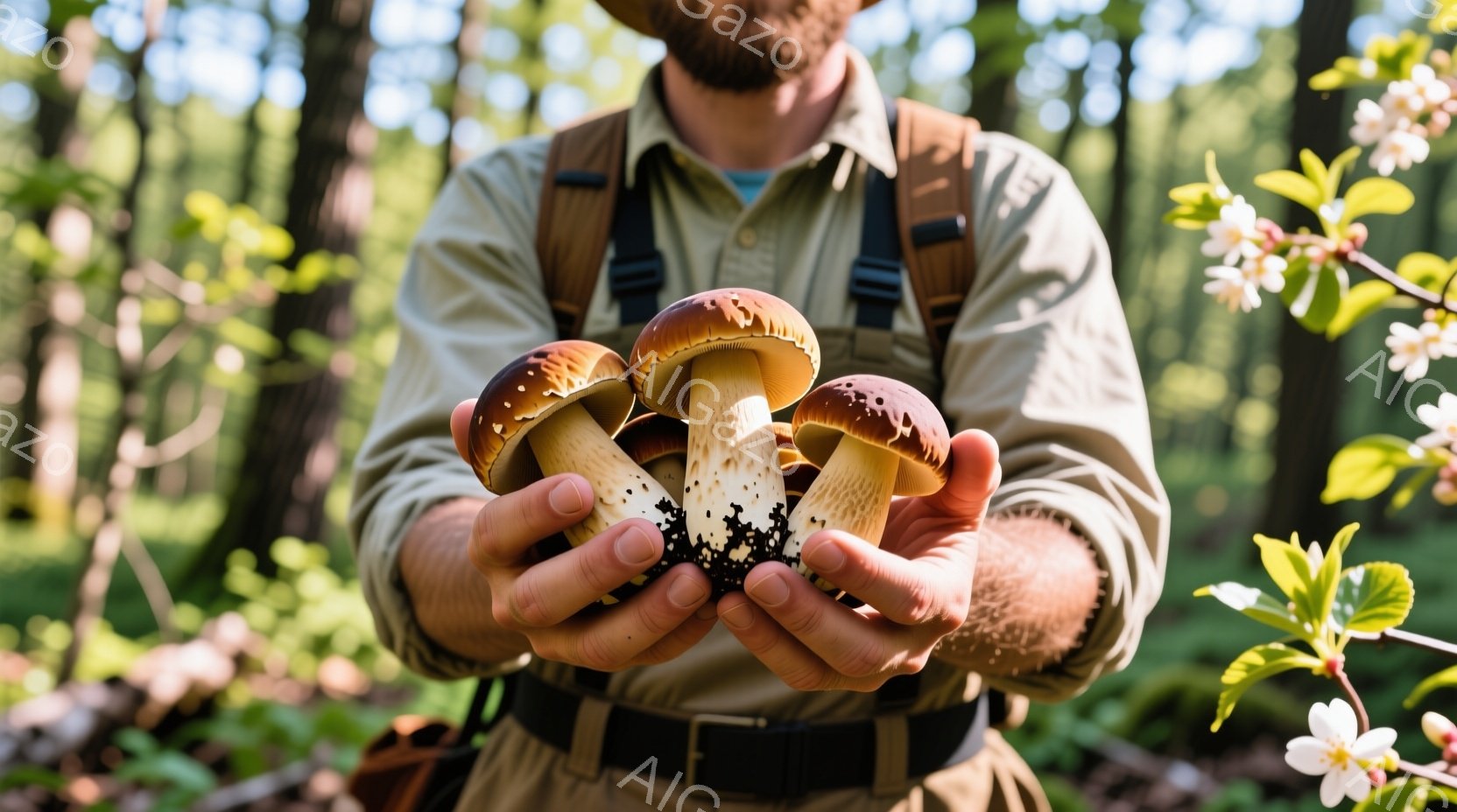 灰色の背景の森の中で、男性が手にキノコを数本持っている。彼はベージュ色のシャツと黒いベルト、肩掛けのハーネスを身につけており、顎髭を生やしている。背景には、春の花が咲き、日差しが差し込み、穏やかな雰囲気を感じさせる。