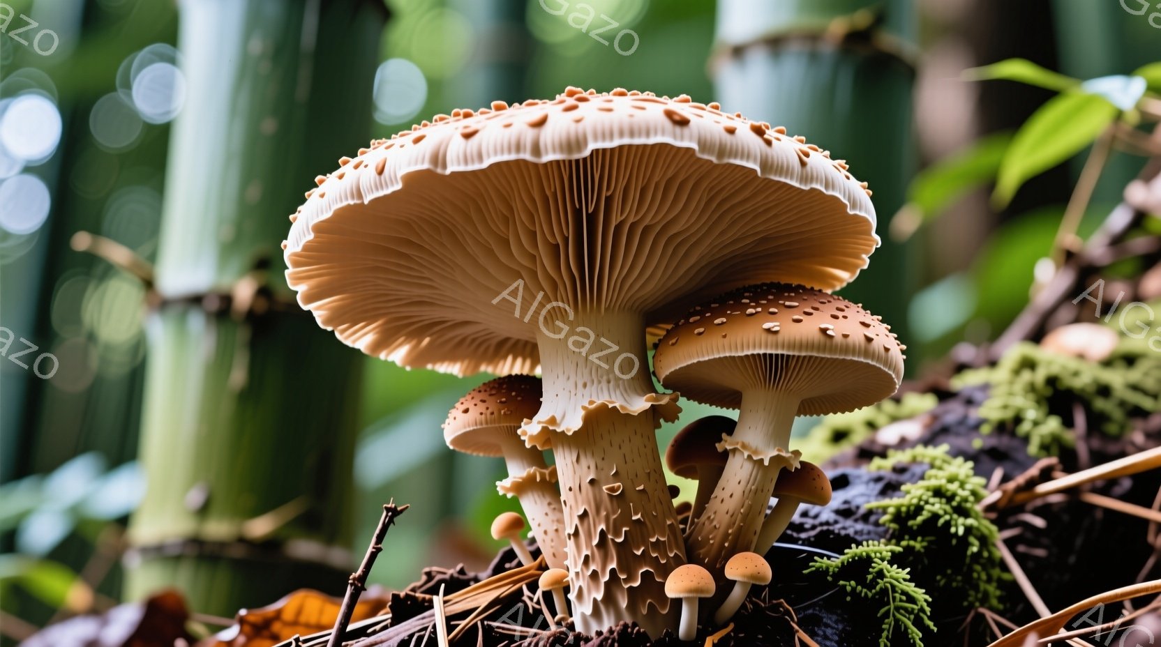 鮮やかな緑の背景に、茶褐色のキノコが数本密集して生えている様子が捉えられています。キノコは傘の部分に小さな白い斑点があり、傘の下部は襞状になっています。周囲には、落ち葉や苔が生え、湿った森林の床が広が - AI生成フリー素材