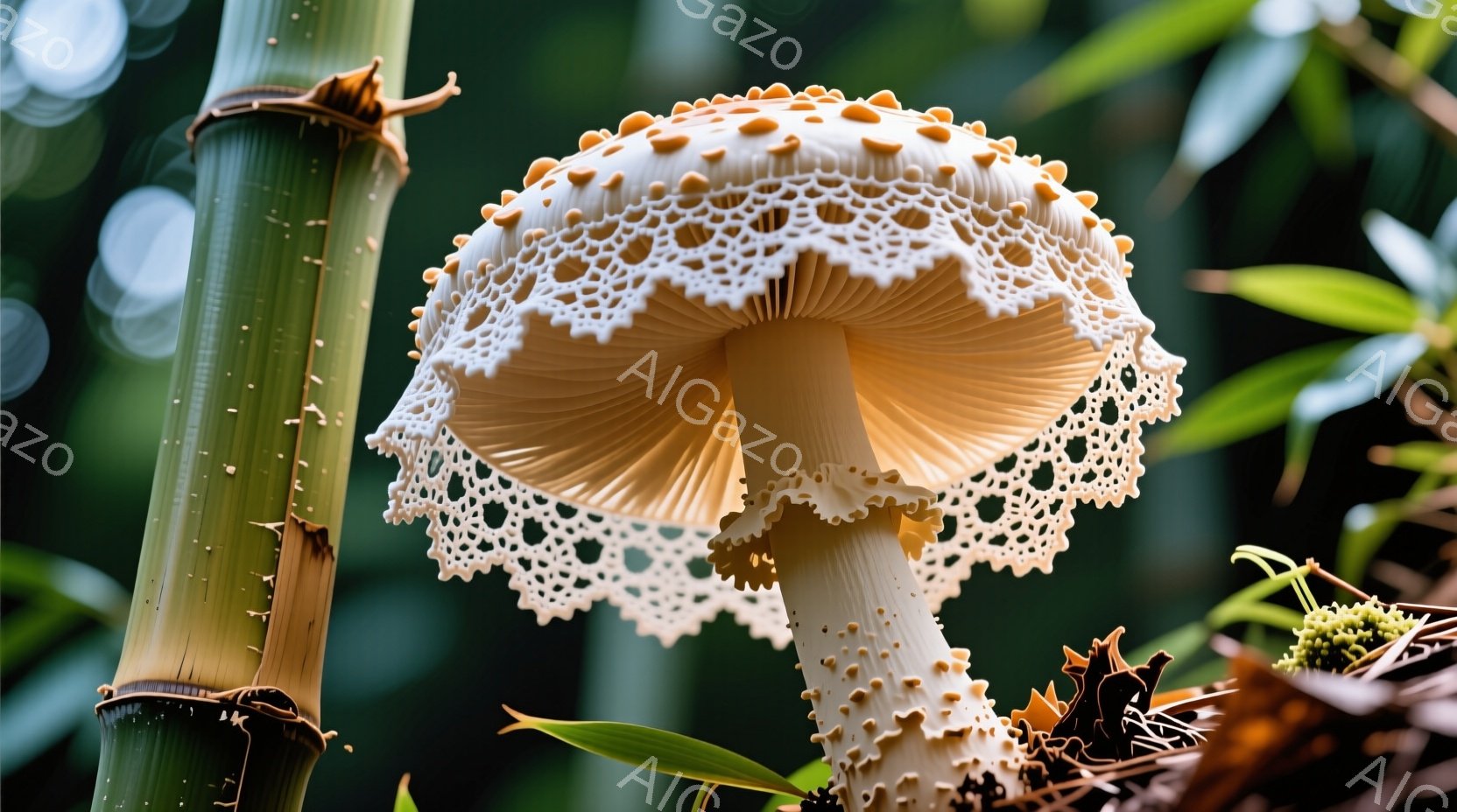鮮やかな緑色の竹の背景に、繊細なレースのような縁を持つ白いキノコが二つ並んで咲き誇っています。キノコの傘は薄いクリーム色で、その下の茎はわずかに茶色がかっています。背景にはぼやけた緑の葉と枯れ枝が見え、湿った森林の静かで穏やかな雰囲気を醸し出しています。