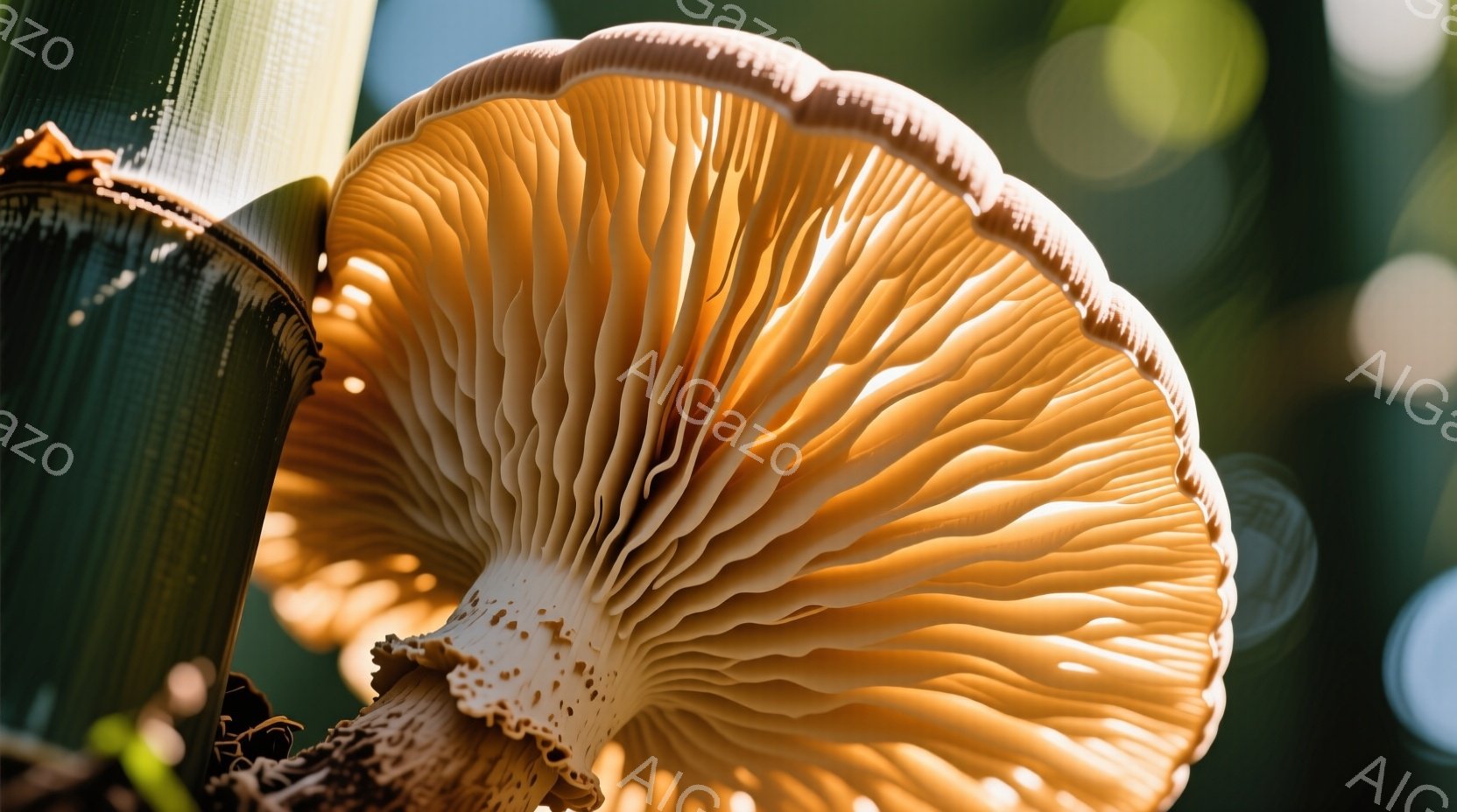 鮮やかな緑の背景の中に、茶色とオレンジ色のキノコがクローズアップで捉えられています。キノコは傘の部分が開き、その下には密集した襞が確認できます。背景はぼかされており、光が差し込み、全体的に柔らかく温か - AI生成フリー素材