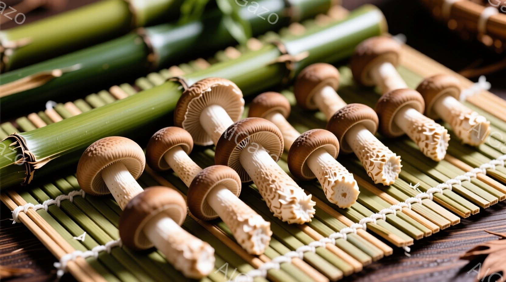 棕色の傘と白っぽい茎を持つ様々な種類のキノコが、竹の敷物の上に横一列に並べられています。キノコはそれぞれ形や表面のテクスチャが異なり、食用のキノコを想起させます。背景には緑色の竹が見え、自然な雰囲気で - AI生成フリー素材