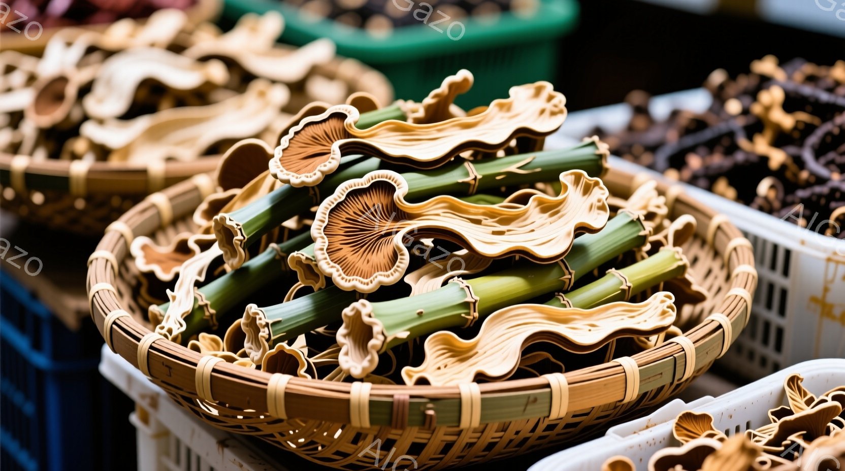 籠の中に、独特の形状をしたキノコが並べられています。鮮やかな緑色の茎に、繊細なオレンジ色の傘が特徴的で、見た目にも美しい食材です。背景には同様のキノコが積まれたカゴが見え、市場や収穫の様子を連想させます。