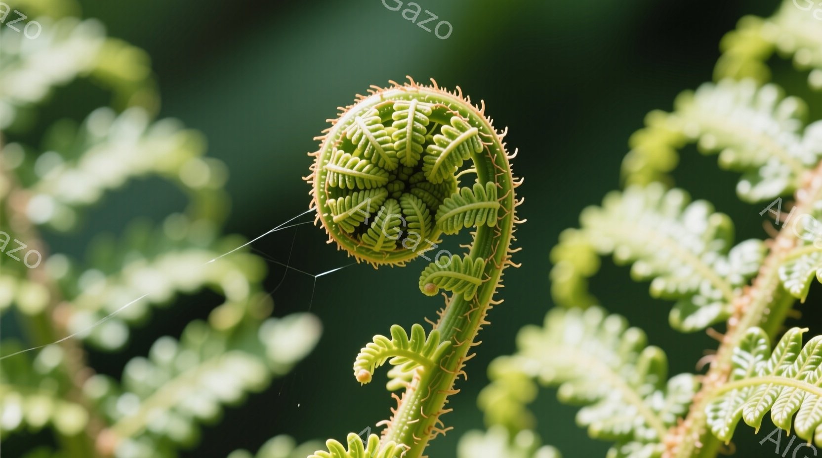 鮮やかな緑色のゼンマイの若芽が、らせん状にカールして力強く伸びています。背景には、同じゼンマイの葉がぼんやりと広がり、自然の生命力と成長を感じさせます。光が柔らかく差し込み、若芽の繊細な美しさを際立たせています。