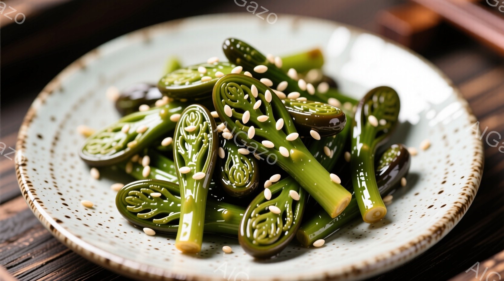 皿には、ワカメのような形をした緑色の野菜が盛られています。野菜は照りがあり、全体に白ごまが散らされています。背景は木目調で、暖かく落ち着いた雰囲気が漂います。 - AI生成フリー素材