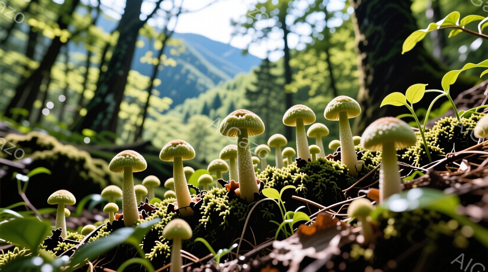 苔の上に小さな白いキノコが密集して生えているクローズアップ写真です。背景には緑豊かな森とぼんやりとした光が差し込み、自然の静寂と神秘的な雰囲気を醸し出しています。キノコは白く可愛らしい形をしており、周 - AI生成フリー素材