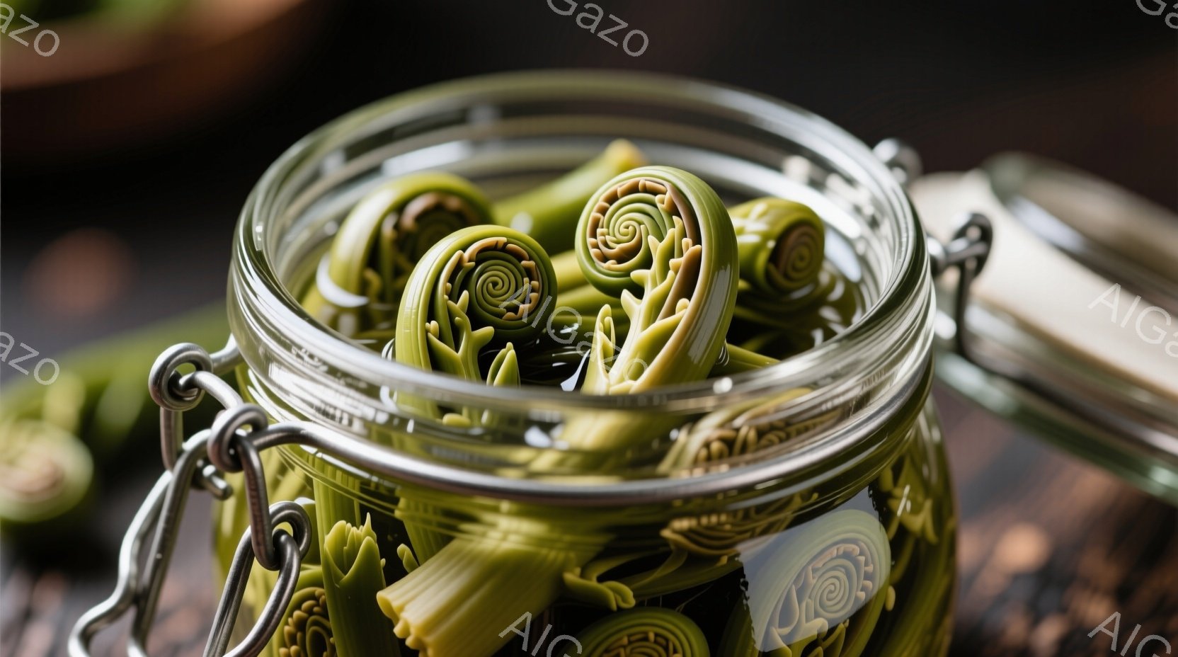 巻き貝のような形をした緑色の野菜が、クリップ留めのあるガラス瓶にぎっしりと詰まっている。瓶は木製のテーブルの上に置かれており、背景は暗くぼやけている。全体的に、自然の恵み、特に春の食材であるゼンマイを - AI生成フリー素材