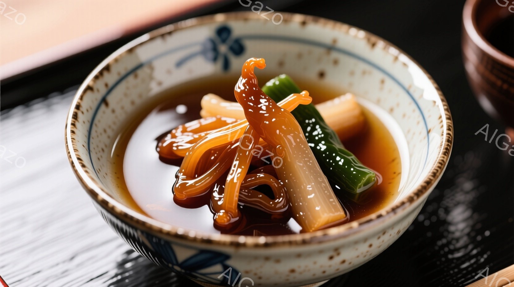 浅い白い器に、茶色と緑色の細長いものが数本並んでいます。照り照りとしたものは、おそらく海藻や野菜の漬物で、甘辛いタレに浸されています。背景は木目調で、ほかの器もわずかに見え、落ち着いた食卓の様子が伺え - AI生成フリー素材