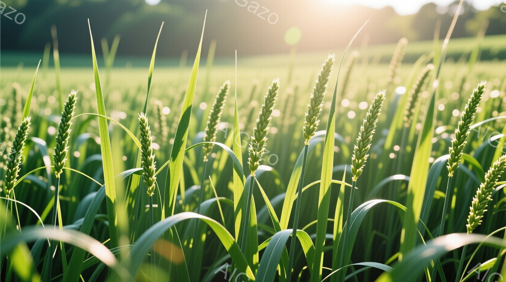 黄金色に輝く麦畑が広がり、緑色の葉が風にそよぎ、柔らかな光が差し込んでいる。麦穂は熟れ、豊かな実りを予感させ、背景にはぼんやりとした緑の丘が見える。全体的に、穏やかで平和な夏の日の雰囲気が漂っている。 - AI生成フリー素材