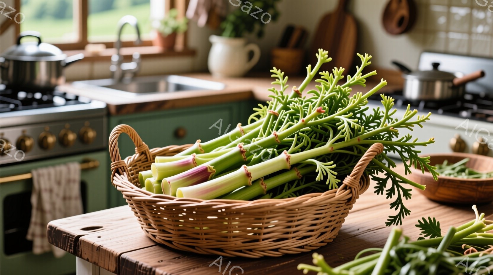 素朴なキッチンカウンターの上に置かれた、籐のバスケットいっぱいのセロリのような野菜を描写しています。背景には、緑色のキャビネット、調理器具、そして窓から差し込む自然光が見え、暖かく落ち着いた雰囲気を作り出しています。全体的に、新鮮な食材と手作りの温かさを感じさせる、穏やかで素朴な静物画です。