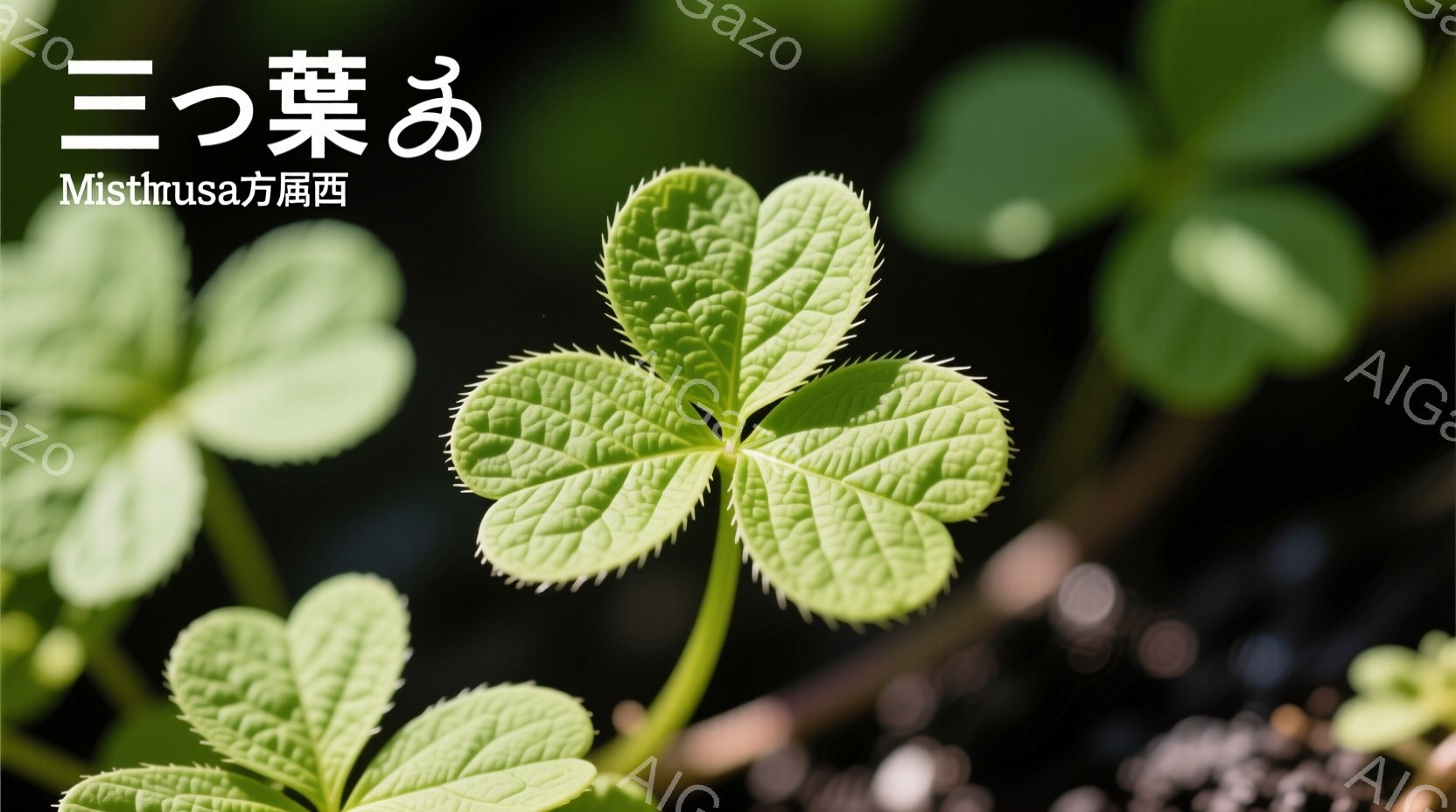 四つ葉のクローバーの鮮やかなクローズアップです。葉は鮮やかな緑色で、繊細な脈がはっきりと見えます。背景はぼやけた緑色で、植物が生い茂っている様子が伺え、幸運と希望を象徴する穏やかな雰囲気を醸し出してい - AI生成フリー素材