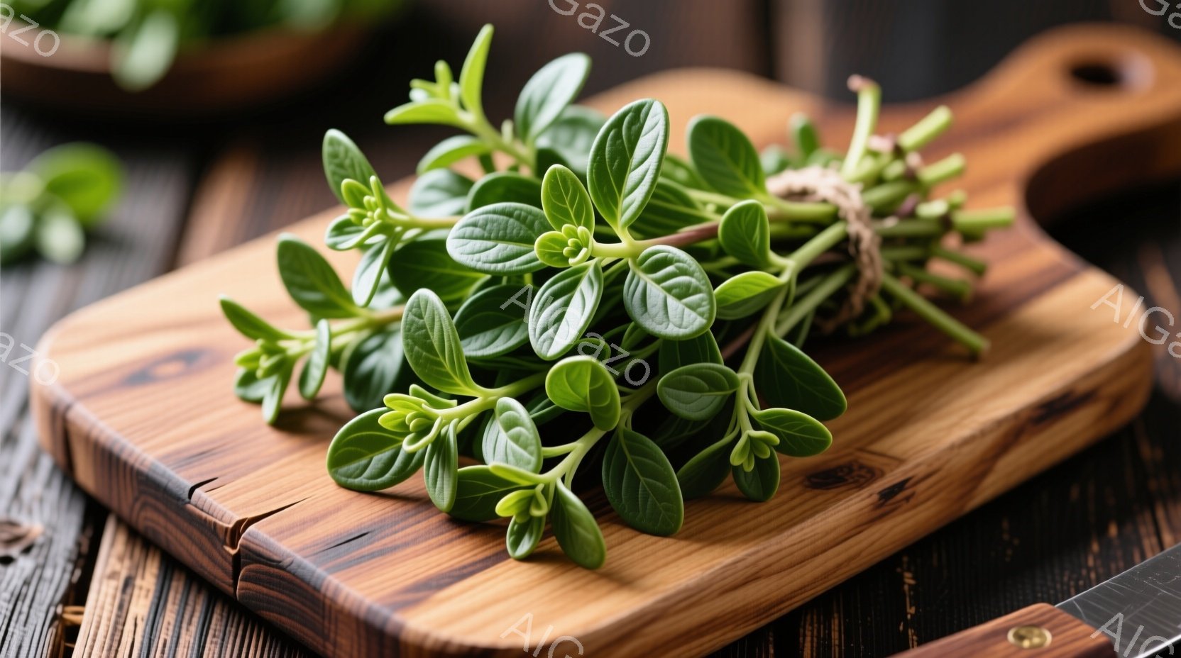 木製のカッティングボードの上に束ねられた新鮮なハーブが写っています。葉は緑豊かで、小さな円い葉が特徴的です。背景は暗い木製の表面で、少しぼやけており、ハーブが際立っています。