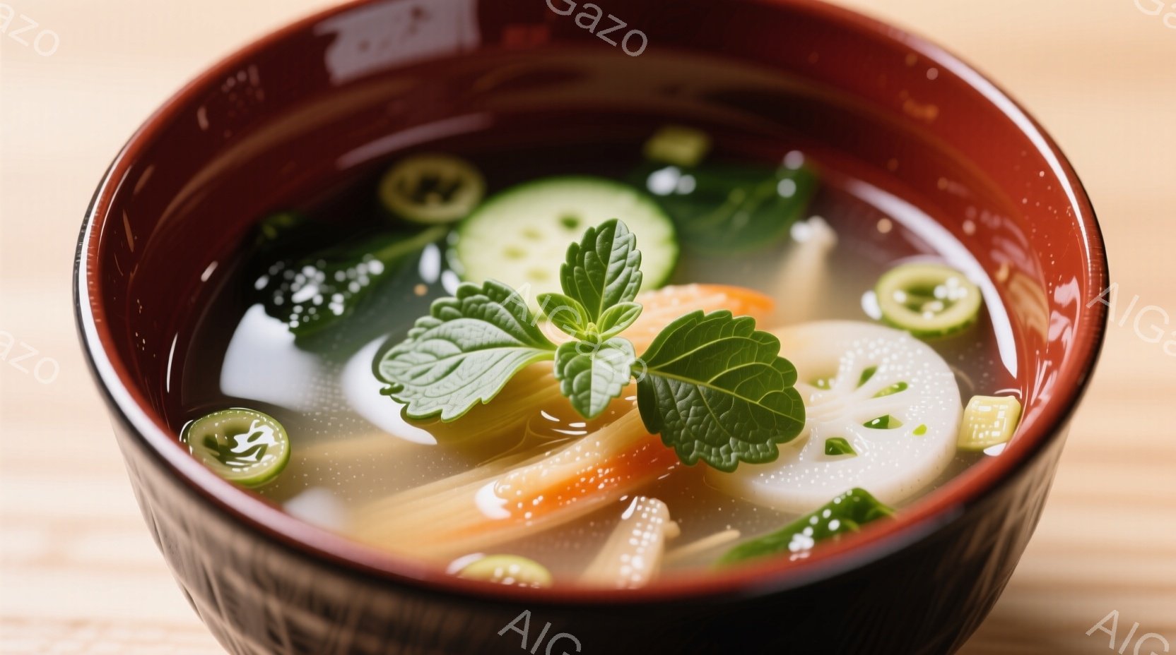 鮮やかな緑色の空芯菜が、藁で結ばれて無骨な木製のテーブルの上に置かれている。背景には、ぼやけた茶色の器が見え、全体的に素朴で温かい雰囲気を醸し出している。根元にわずかに紫色の部分が見えることも特徴的で - AI生成フリー素材