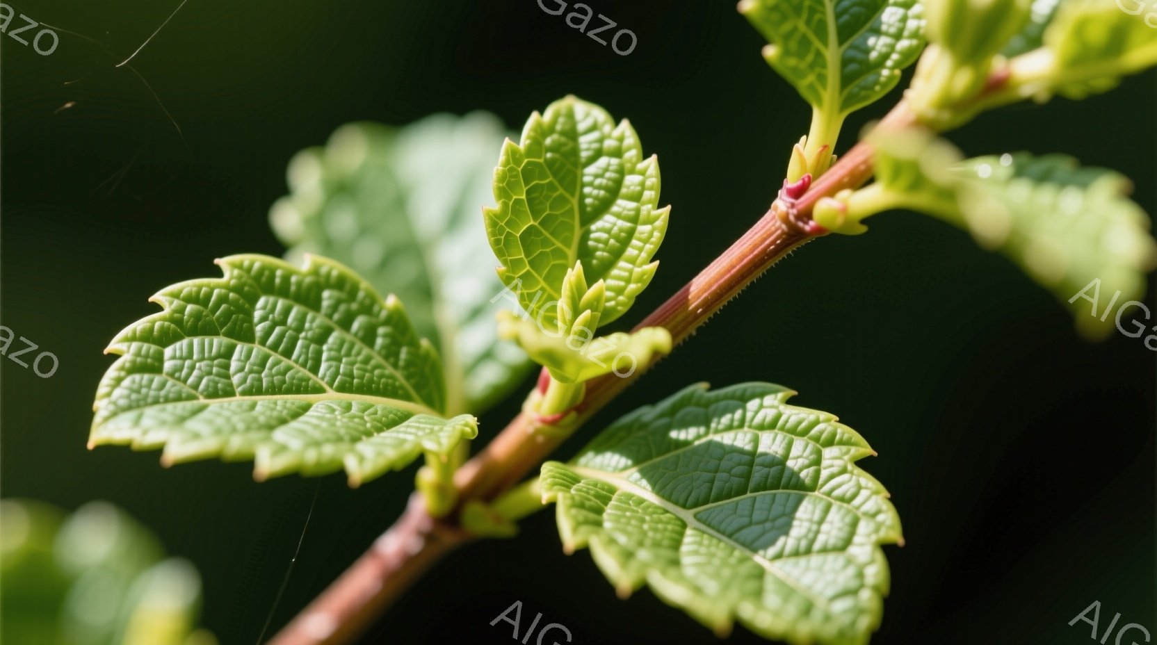 若々しい新緑の葉が、赤褐色の細い枝に芽吹いている様子が捉えられています。葉脈がはっきりと浮かび上がり、光を受けて生き生きとした緑色を呈しています。背景は深い緑色で、春の訪れを感じさせる穏やかで希望に満ちた雰囲気です。
