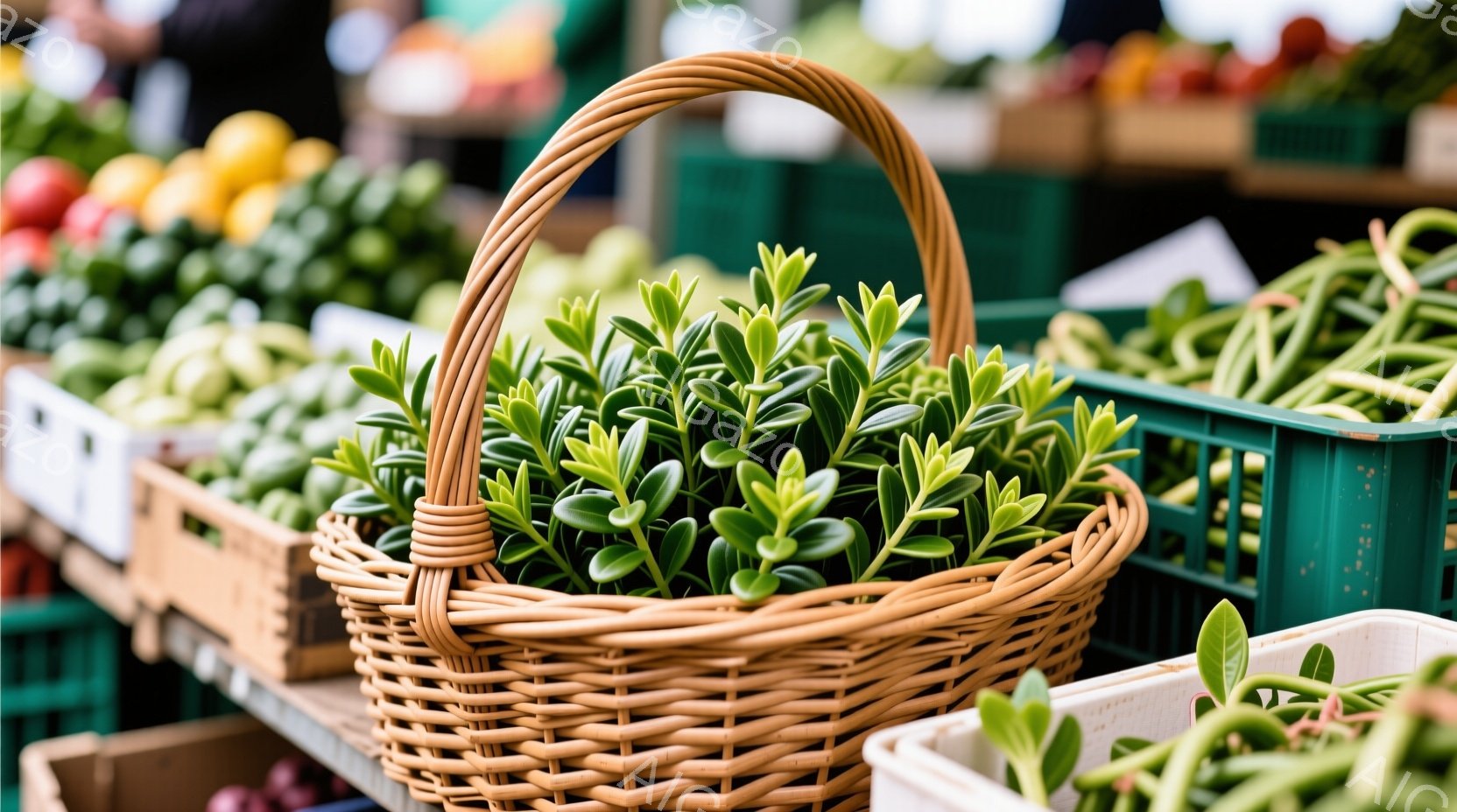 籠の中に緑色の植物がぎっしりと詰まっており、新鮮な葉が目を引きます。背景には、緑色のプラスチック製ケースに入った野菜や果物が積み重ねられており、活気のある市場の様子が伺えます。全体的に明るく自然な雰囲 - AI生成フリー素材