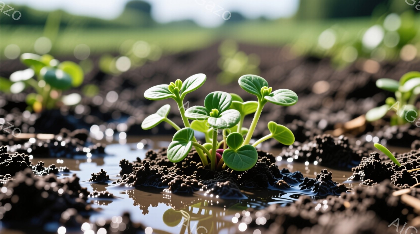 湿った土の中に、新しく芽を出した植物がいくつか見られます。緑色の葉は瑞々しく、赤い茎から力強く生え出しています。背景は暗い土壌が広がり、水たまりが反射していることから、雨上がりまたは水はけの悪い場所であることが伺えます。