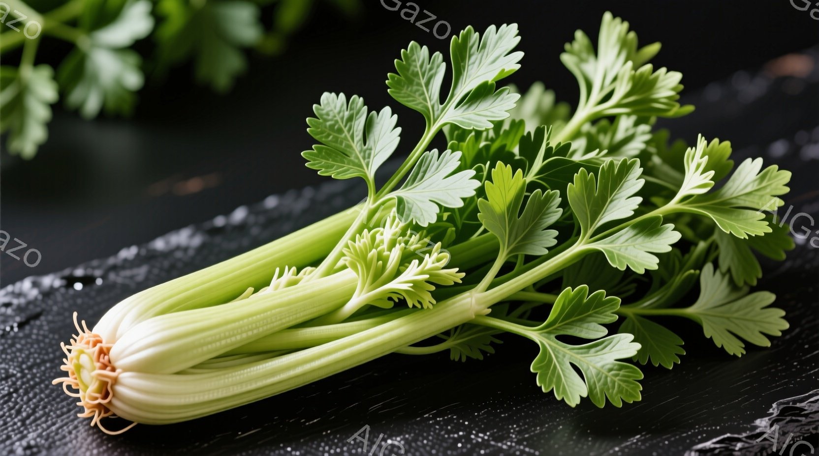 セロリの茎が一本、黒い質感のある背景の上に置かれています。茎は淡い緑色で、上部は濃い緑色の葉が密集しており、根元には茶色の根がわずかに見えています。 全体的に、新鮮で自然な雰囲気が漂う、シンプルな静物画です。