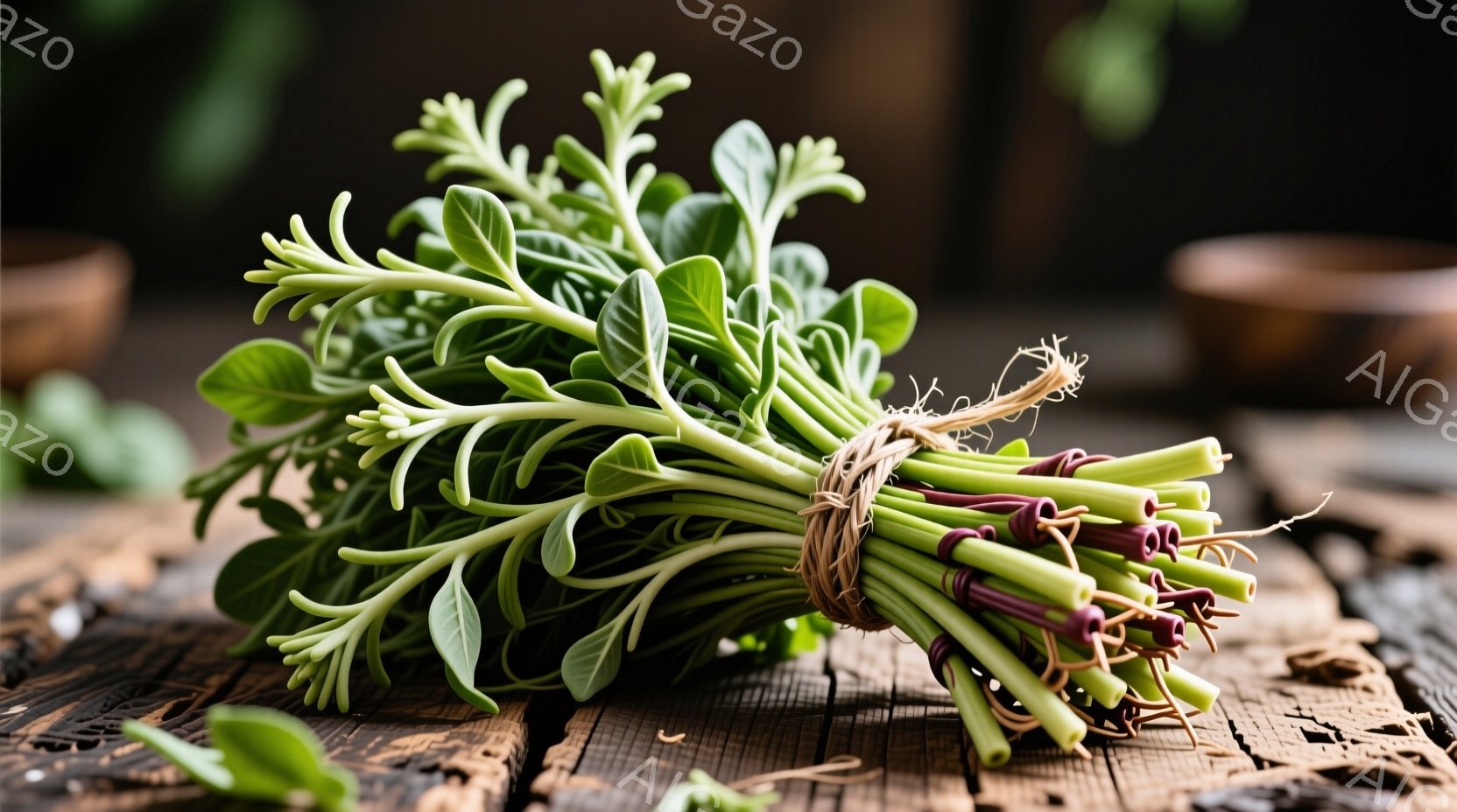 鮮やかな緑色の小松菜が束ねられており、根元には紫色が混じっているのが特徴的です。木製の粗いテーブルの上に置かれ、自然な雰囲気を醸し出しています。背景にはぼやけた茶色の器が見え、全体的に素朴で温かい印象を与えます。