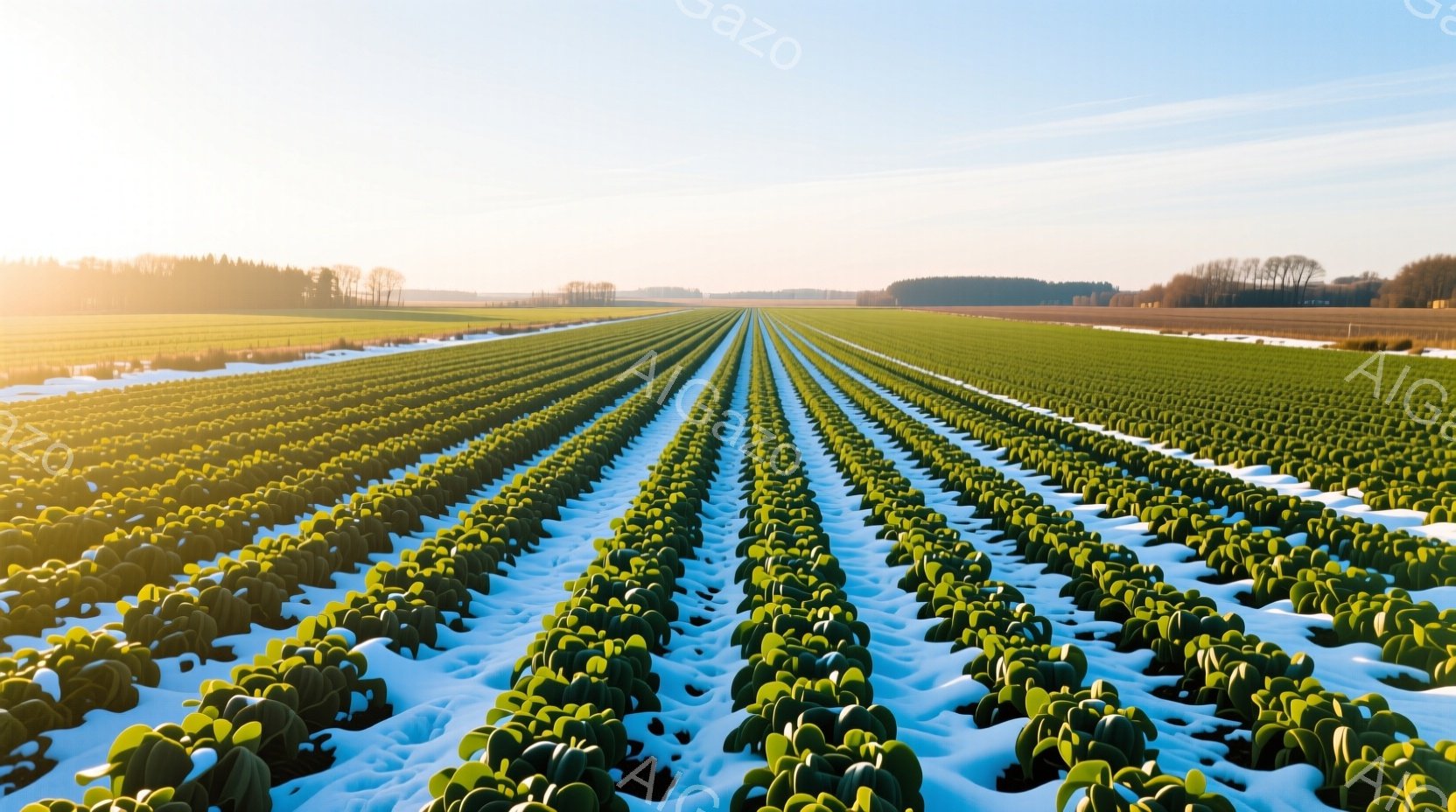 広大な畑が雪に覆われた大地に整然と並んでいる様子が捉えられている。緑色の作物は白い雪とのコントラストが鮮やかで、遠方には木々の生い茂る帯状の森林が見える。空は晴れ渡り、穏やかな冬の日の光が畑全体を照らしている。