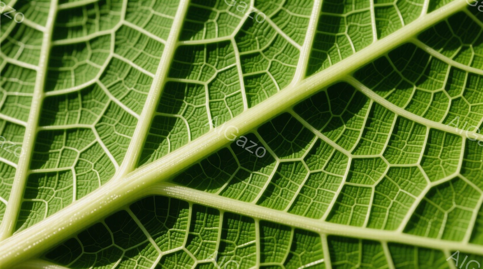 これはアブラナ科の植物、おそらくキャベツの葉のクローズアップ写真です。葉脈がはっきりと見え、葉の縁はギザギザとした特徴的な形状をしています。背景は暗く、葉の鮮やかな緑色が際立っています。 - AI生成フリー素材