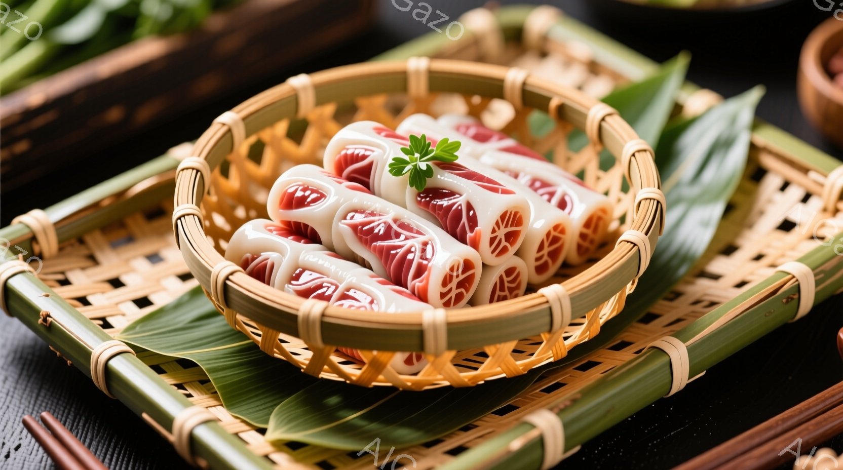 小さな編み込みのバスケットの中に、赤と白の渦巻き模様の和菓子が美しく並べられています。鮮やかな緑色の葉が添えられ、竹のマットの上に置かれています。全体的に、上品で自然な雰囲気が漂い、日本の伝統的な美し - AI生成フリー素材