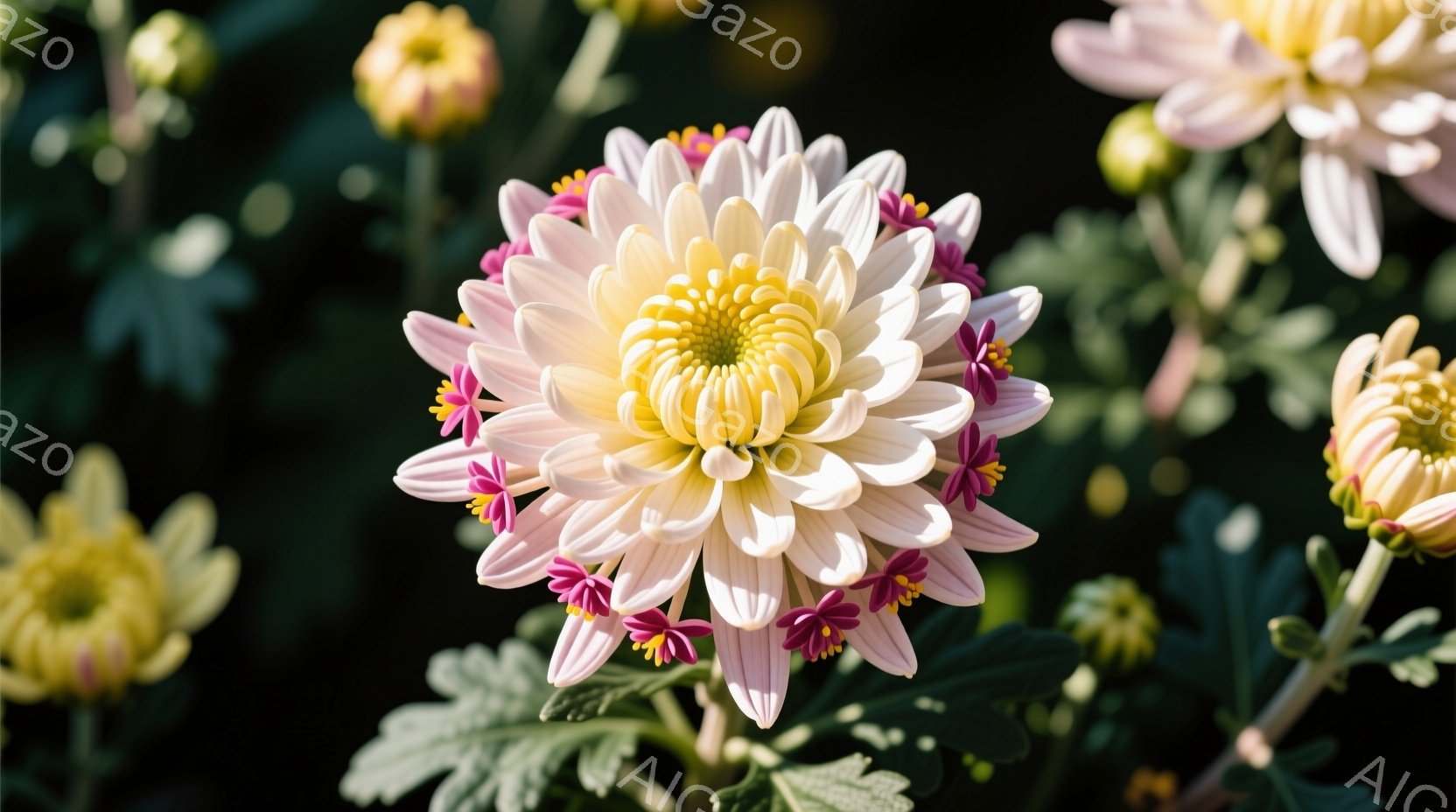 白と黄色の菊の花が画面中央に大きく咲き誇っています。周りには、小さなピンク色の花が咲き、背景には緑の葉が茂り、全体的に柔らかく、自然な雰囲気を醸し出しています。光が花びらを照らし、立体感と繊細さを強調しています。