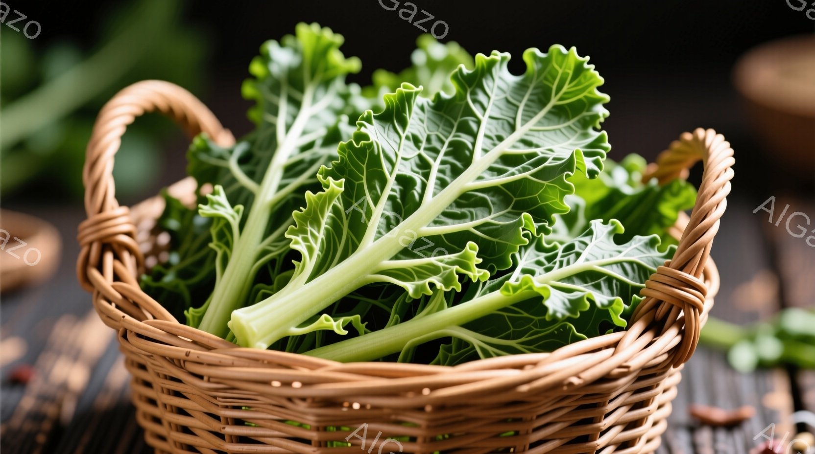 ざっくりとした編み込みのバスケットに、鮮やかな緑色のケールがぎっしりと詰め込まれています。背景は木製のテーブルで、ケールの葉の豊かな緑とバスケットの温かみのある茶色が対照的です。全体的に、新鮮で自然な - AI生成フリー素材