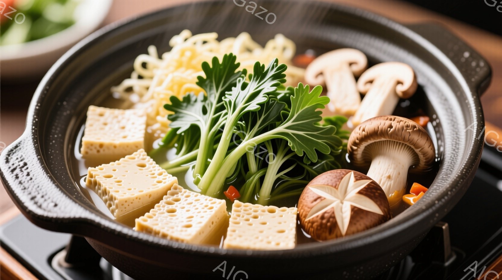 鉄製の鍋の中に、湯豆腐、白髪ねぎ、しめじ、エリンギなどが煮込まれている様子が写っています。湯豆腐は角切りで、白髪ねぎとキノコ類と一緒に温かい出汁の中で湯気を立てています。背景は木製のテーブルで、鍋のそばには緑色の薬味が見え、全体的に温かく落ち着いた雰囲気です。