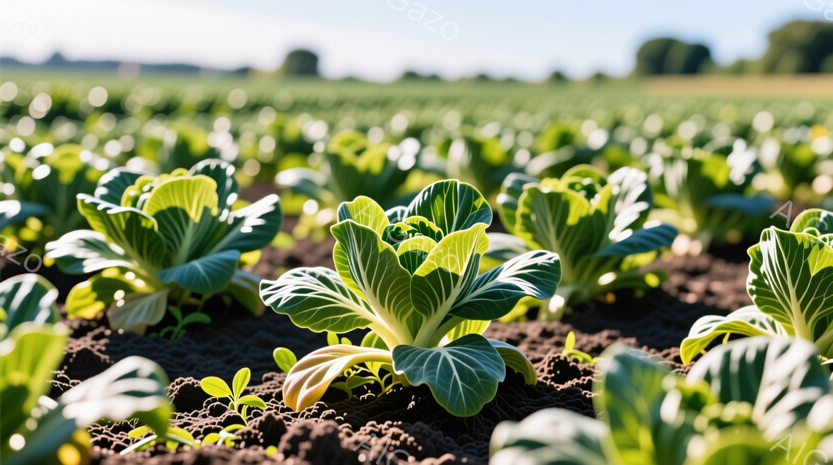 畑一面にキャベツが密集して植えられています。土は黒く、キャベツの葉は鮮やかな緑色で、新芽には淡い黄色の部分が見られます。背景には遠くの緑豊かな木々が見え、晴れた空の下、穏やかで平和な雰囲気が漂っています。