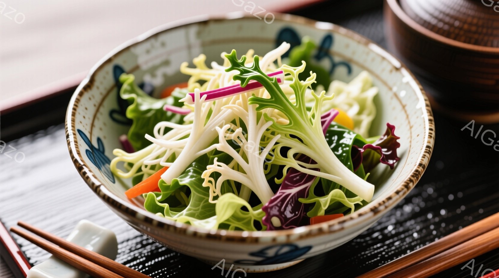 白い陶器の丼に、緑色の葉野菜や紫色のキャベツ、細い白い野菜が盛り付けられています。丼の縁には繊細な模様が描かれており、背景には竹製のトレイと白い陶器の小皿が見えます。全体的に、和食の落ち着いた雰囲気で、鮮やかな野菜が食欲をそそります。