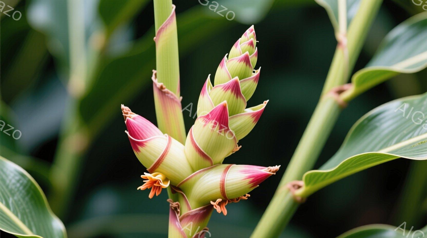 鮮やかな緑の茎と葉に囲まれた、ピンクと黄色の美しい花が咲き始めたところです。花びらはまだ閉じており、蕾は上向きに伸び、生命力に満ち溢れています。背景は暗い緑色で、花の色を引き立てています。