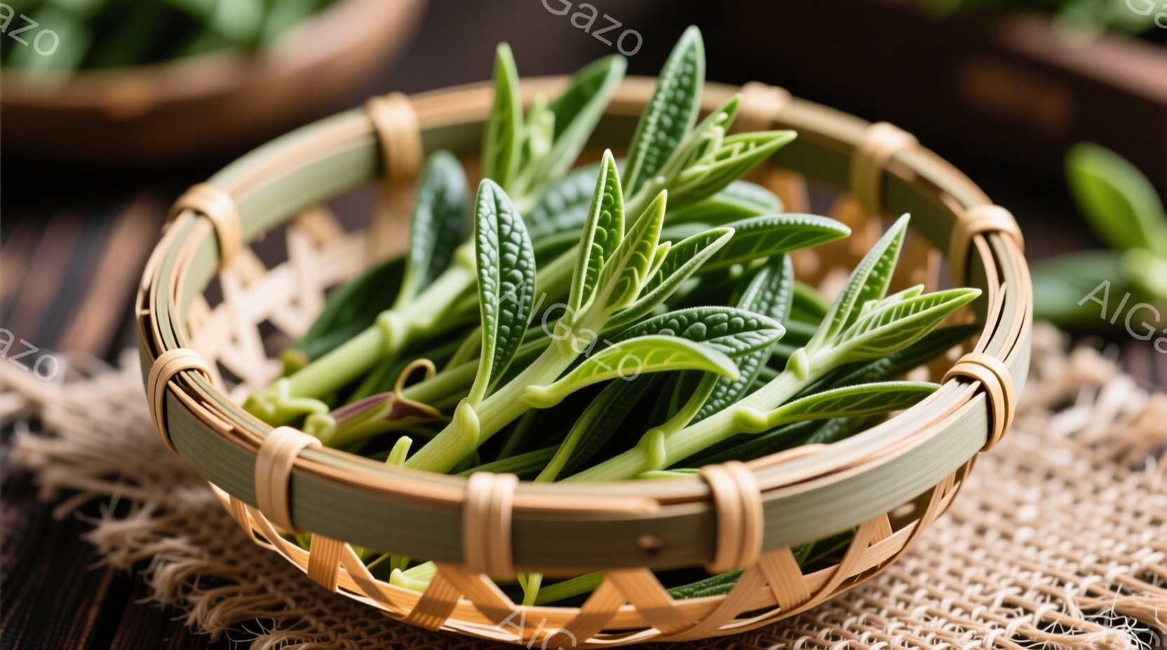 浅い籠に、鮮やかな緑色の野菜、おそらくワラビがぎっしりと詰め込まれています。籠の下には、粗い麻布のような素材が敷かれており、背景は木の質感が感じられる暗い色調で、素朴な雰囲気を醸し出しています。全体的 - AI生成フリー素材