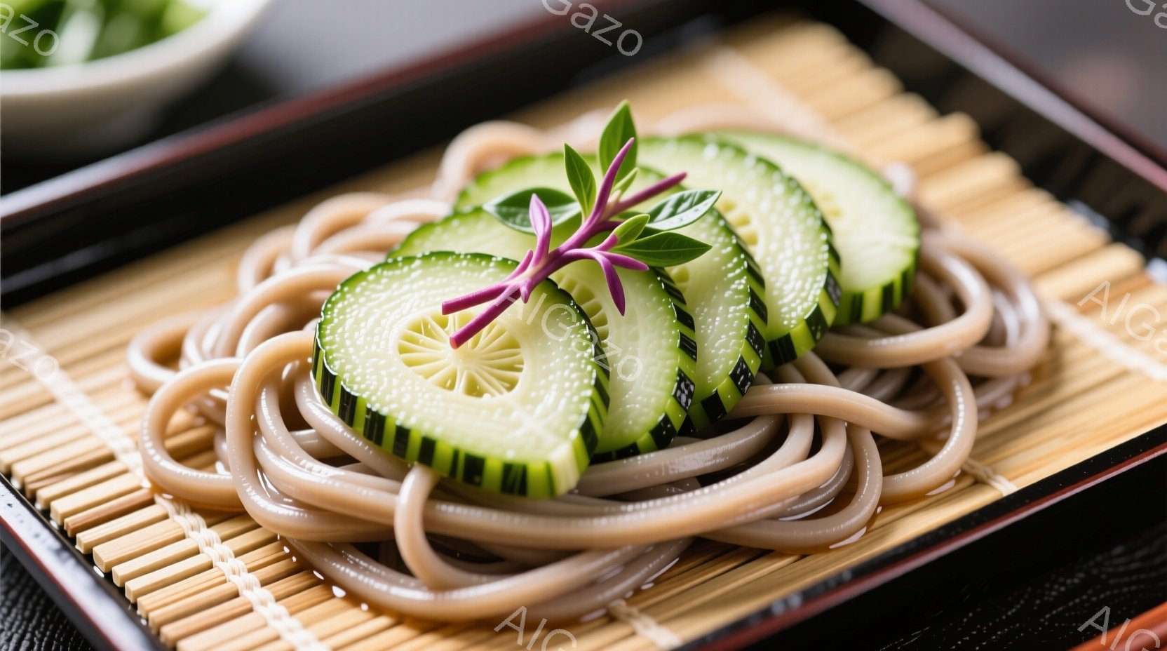 そばが竹かごのような漆塗りの膳に盛り付けられています。緑色のキュウリが薄切りになってそばの上に飾られ、紫色の小さな花が添えられています。全体的に落ち着いた色合いで、日本の伝統的な食文化を感じさせる上品な盛り付けです。