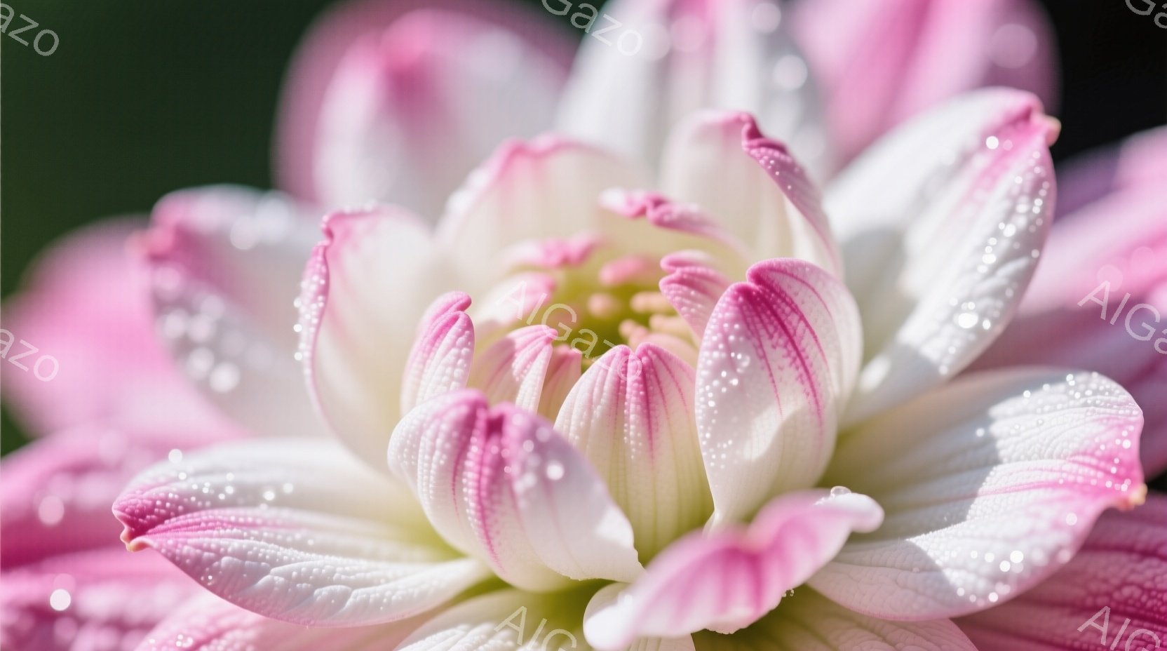 白と薄いピンク色のダリアの花びらが、まるで宝石のように朝露をまとって咲き誇っている。花びらは繊細で巻いており、中心部は黄緑色で、優雅で可憐な印象を与える。背景は深い緑色で、花を引き立て、爽やかで穏やかな雰囲気を醸し出している。