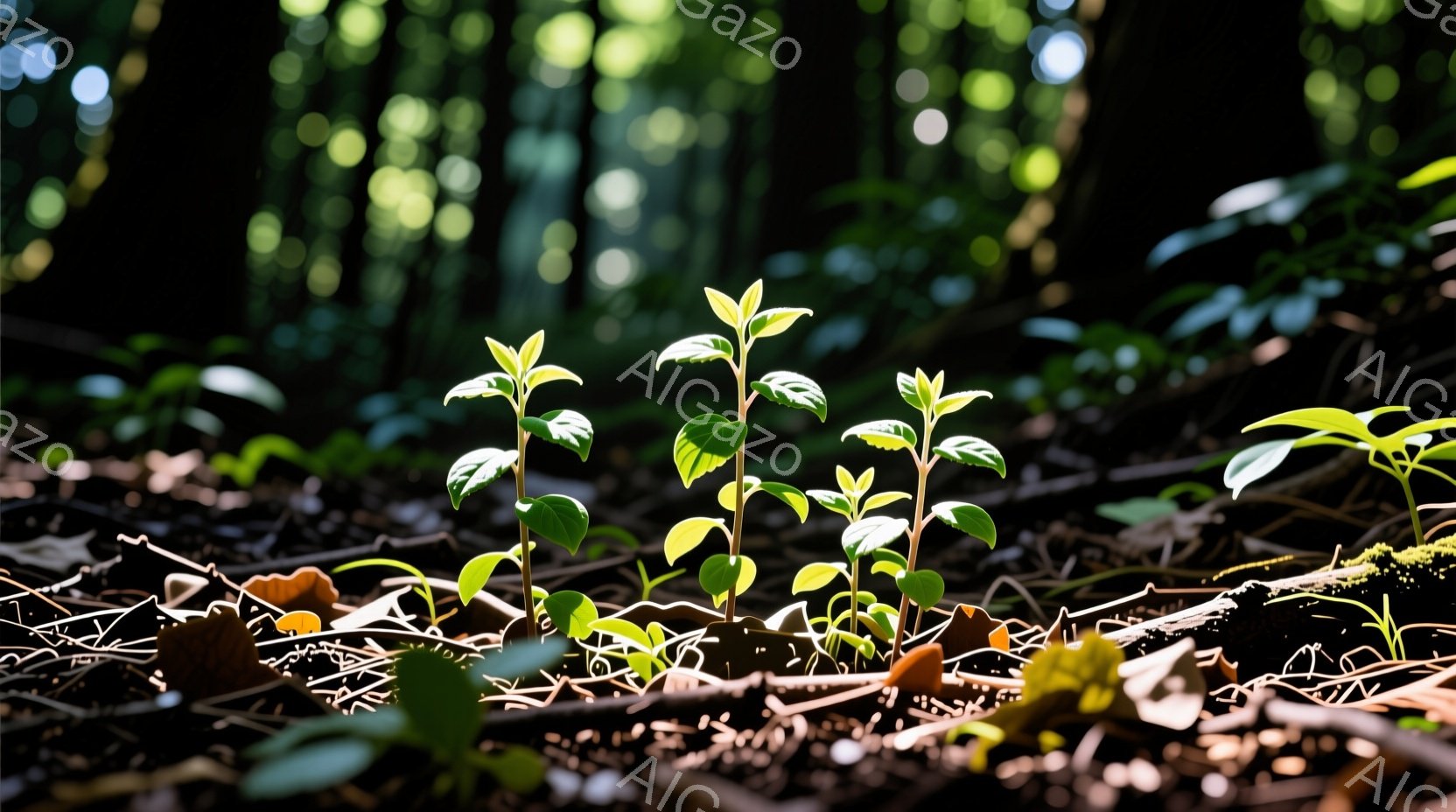 鬱蒼とした森の床に、若々しい緑の芽がいくつか生えている様子が捉えられています。光が葉を照らし、背景の木々の間から差し込む光線が幻想的な雰囲気を醸し出しています。乾燥した落ち葉や小枝が地面を覆い、自然の静寂と生命の息吹を感じさせる一枚です。