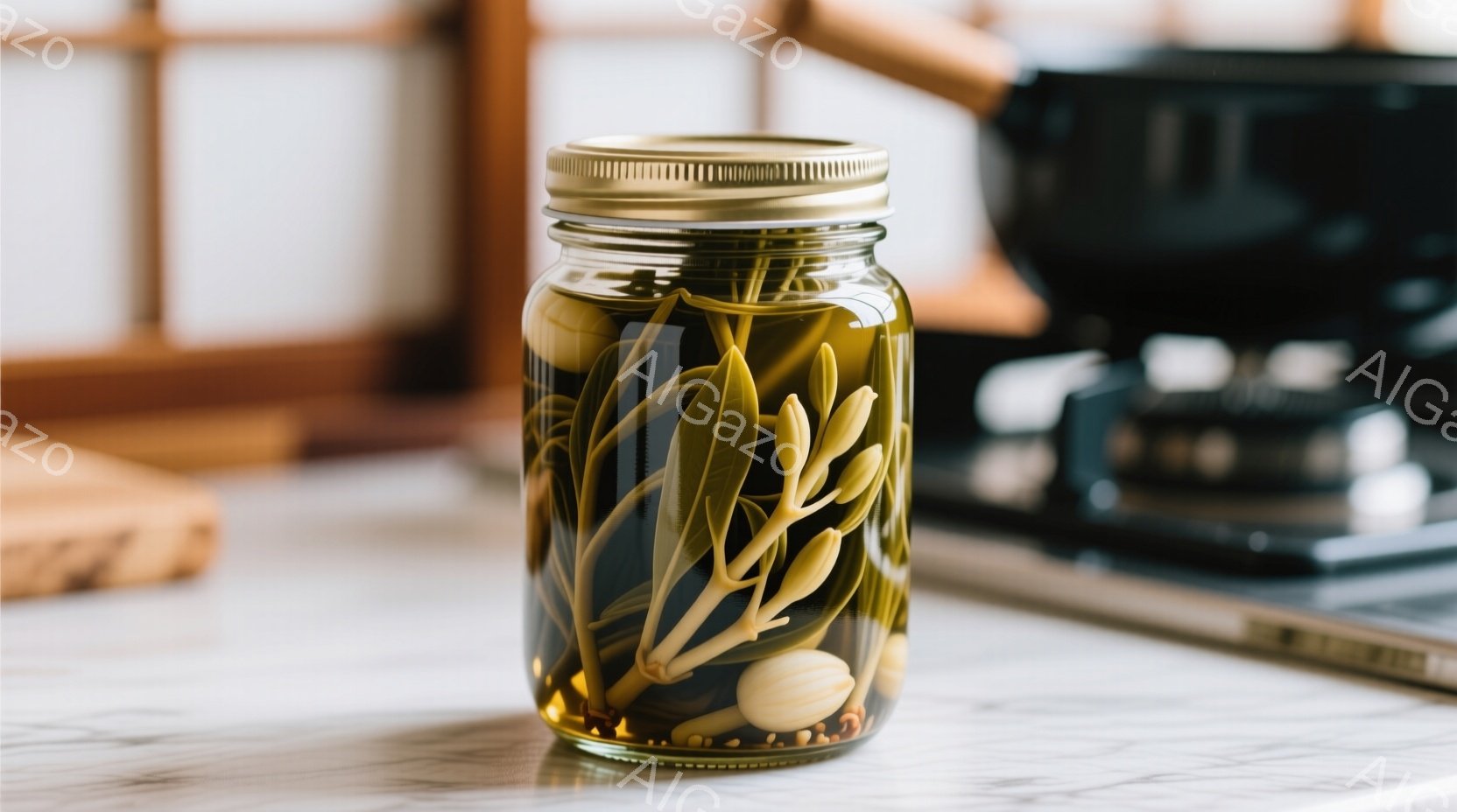 瓶の中に、緑色の芽と白い球根が浸されたものが写っている。背景には、ぼやけた本と木製の棚が見え、全体的に落ち着いた暖色系の雰囲気である。瓶は光沢があり、清潔感があり、保存食や手作り食品を連想させる。