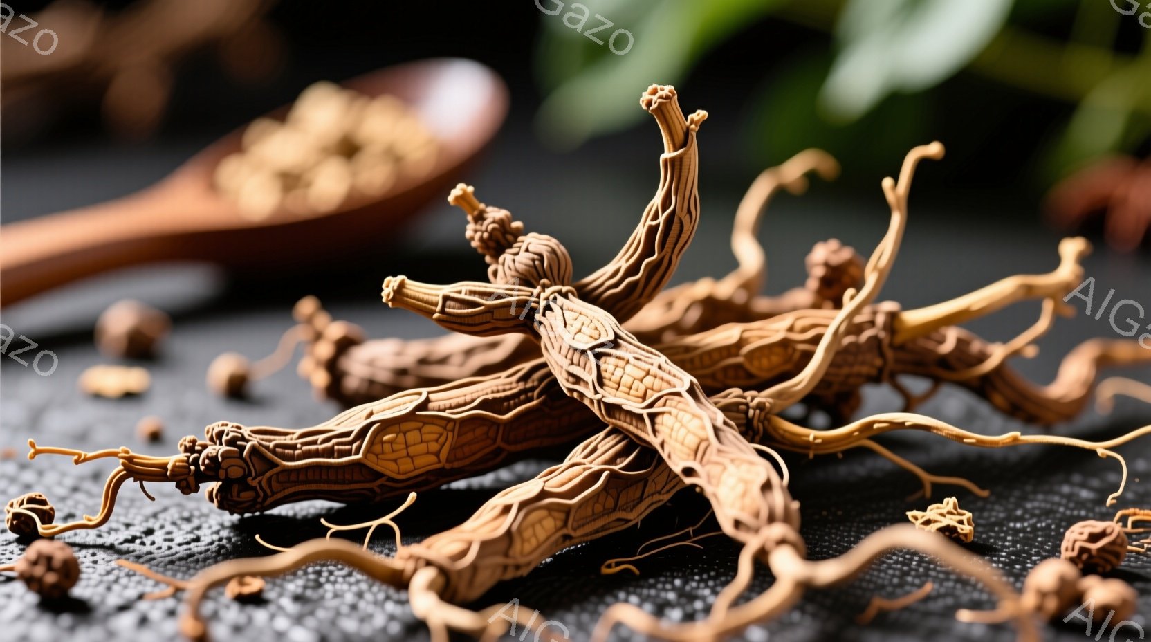 根のような形状をした植物が、黒い背景の上に置かれています。植物は茶色で、複雑な枝分かれをしており、ところどころに小さな球状のものが散らばっています。背景には、木製のスプーンと、ぼやけた緑色の葉が見え、全体的に自然で土っぽい雰囲気を醸し出しています。