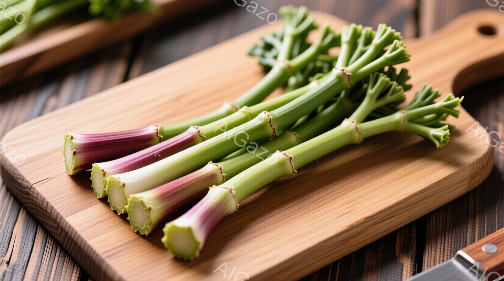 木製のまな板の上に並べられた浅紫色の茎を持つ野菜が写っています。茎は緑色と紫色のグラデーションで、新鮮で生き生きとした印象を与えます。背景には、木製のテーブルがぼやけており、調理や食事の準備を連想させる温かく自然な雰囲気です。