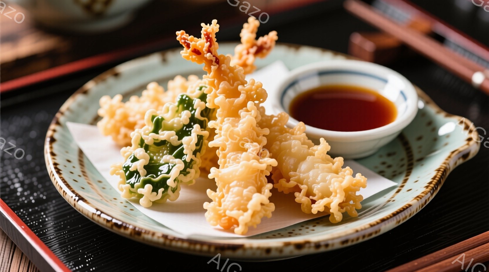 皿には、サクサクとした天ぷらが盛り付けられています。エビや野菜と思われる食材が、薄い衣で覆われ、黄金色に揚がっています。添えられた小さな白い皿には、濃い色のつゆが入れられており、天ぷらとの相性が良さそ - AI生成フリー素材