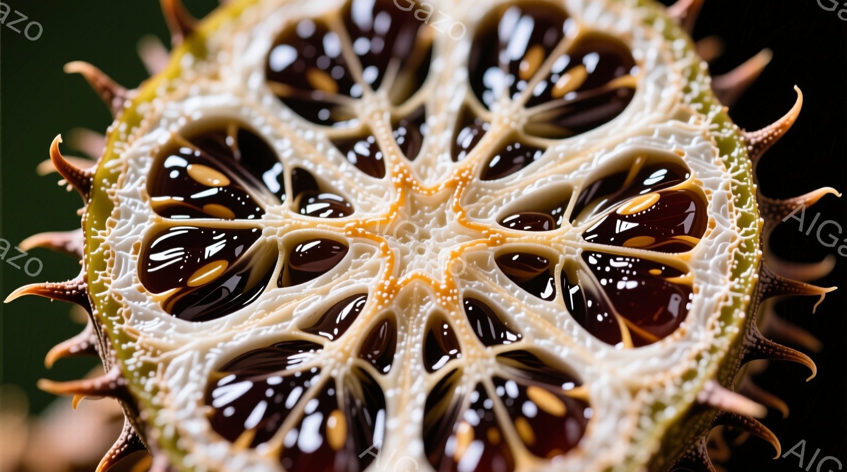 円形にカットされた珍しい果物の断面を示しています。内側は深紅色の種子が並び、白い膜状の構造で区切られています。果実の外縁には、尖った棘状の突起があり、全体的に異国的で神秘的な雰囲気を醸し出しています。 - AI生成フリー素材