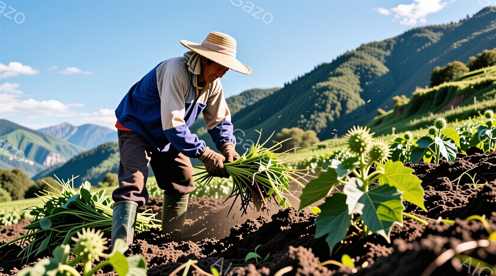 日差しの強い畑で、麦わら帽子を被った農家のおじいさんが作業をしている。緑色の長靴と、青い作業着、白いシャツといういでたちは、泥にまみれながらも活気がある。背後には緑豊かな山々が広がり、収穫前の植物が畑 - AI生成フリー素材